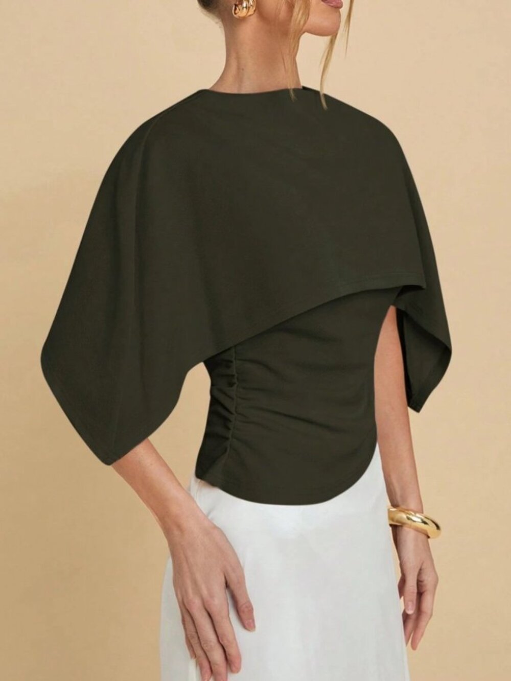 Olive Green Cape Sleeve Ruched Top
